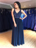 A Line V Neck Lace Up Navy Blue Chiffon Prom Dress with Beadings LBQ0341